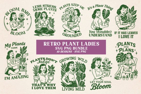 Funny Retro Plant Ladies SVG PNG Bundle